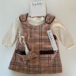 Nicole Miller Pink Plaid Pinafore Dress with Cream Top and Bow 0-3mo